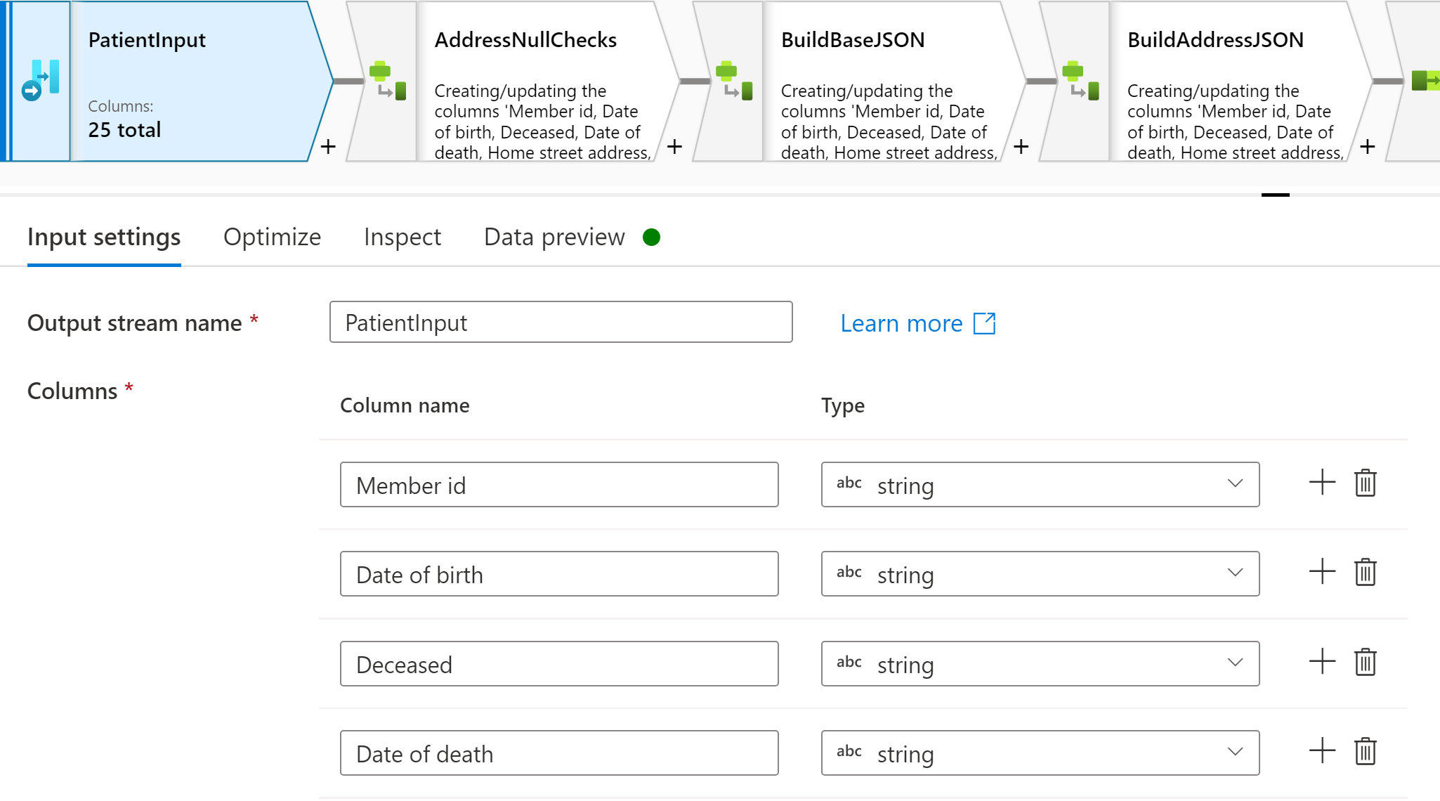 Captura de tela mostrando o painel de propriedades de configuração de entrada do flowlet.