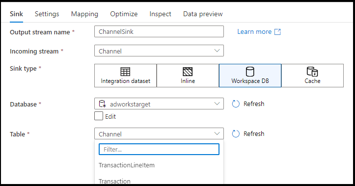 Captura de tela que mostra o banco de dados do workspace selecionado.