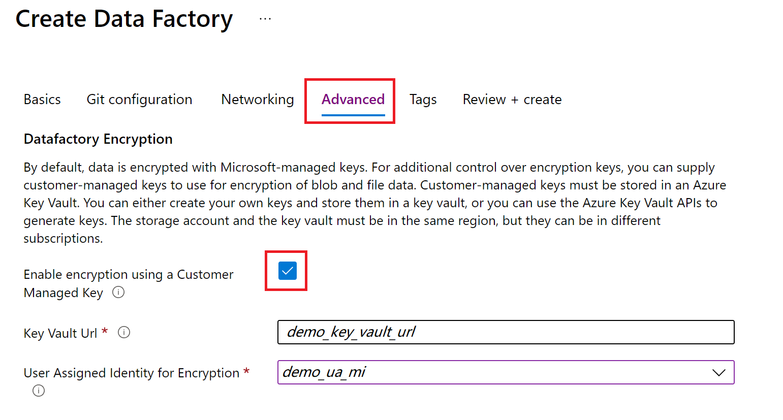 Captura de tela da guia Avançado para obter experiência com a criação do data factory no portal do Azure.