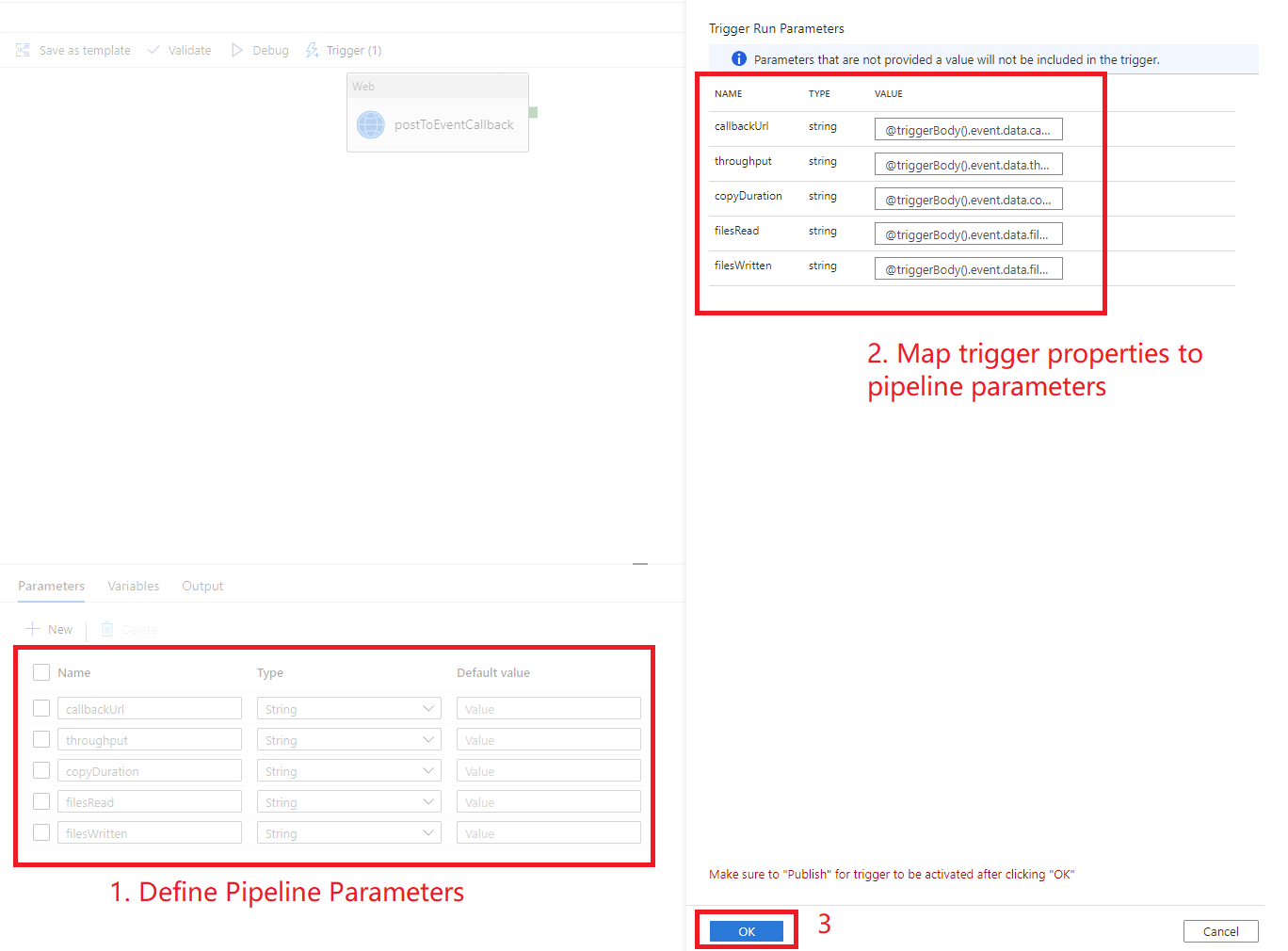 Captura de tela que mostra as configurações de parâmetros de pipeline.