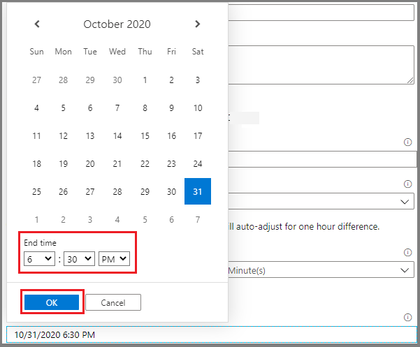 Captura de tela mostrando as configurações de gatilho para a data e hora de término.