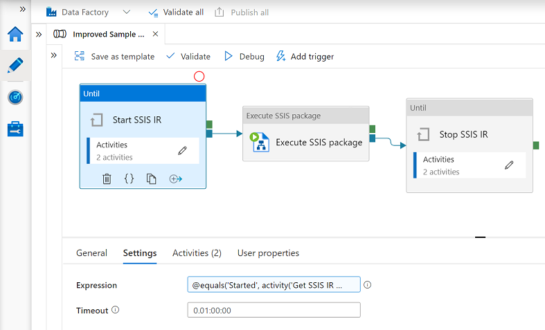 Captura de tela que mostra as atividades da Web para iniciar e interromper um IR do SSIS.