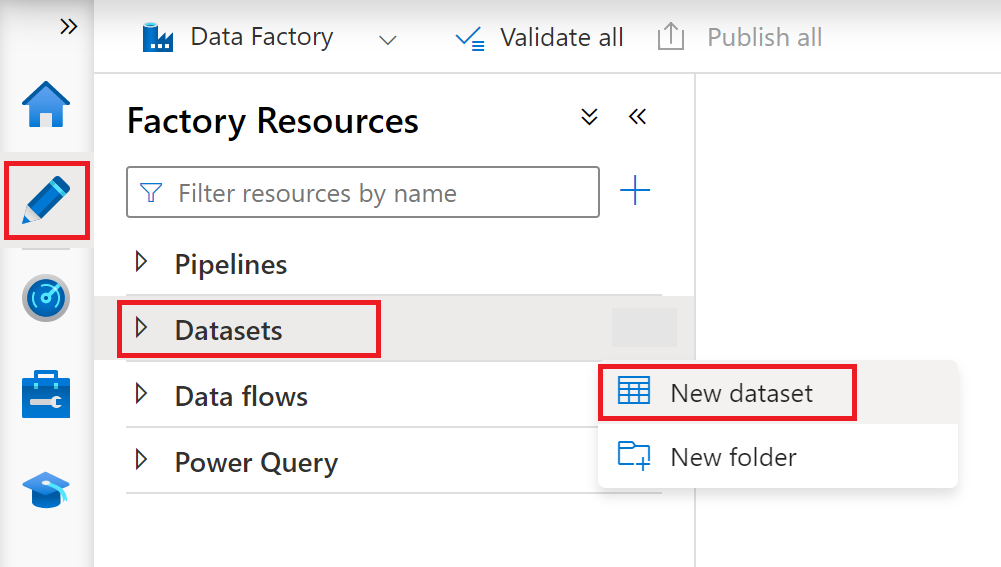 Captura de tela que mostra a criação de um novo pipeline no hub Autor do Azure Data Factory.