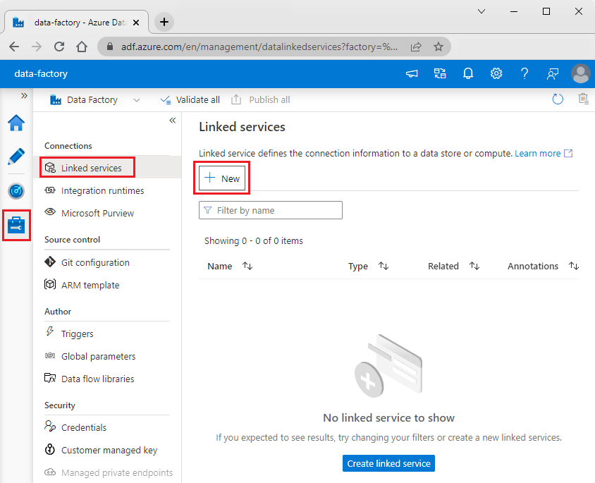 Captura de tela do hub Gerenciar no Azure Data Factory Studio com o botão Novo serviço vinculado realçado.