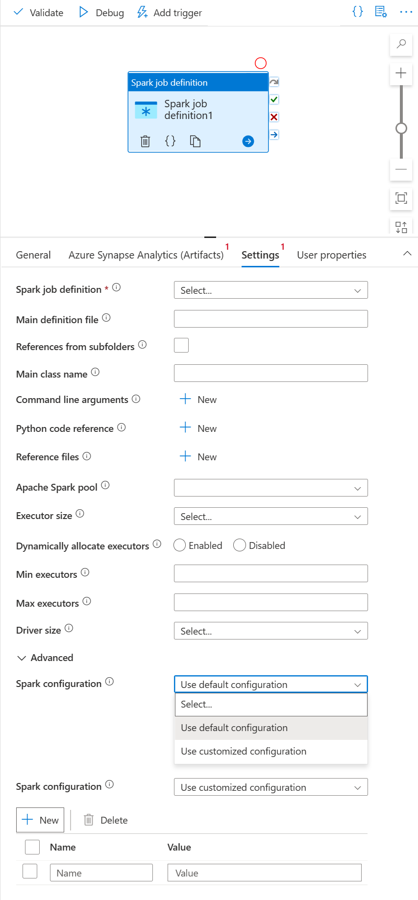 Captura de tela que mostra a interface do usuário para a atividade de definição de trabalho do Spark.