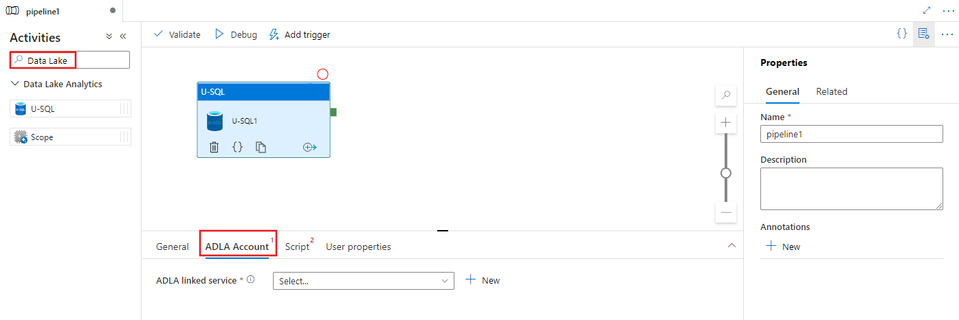 Mostra a interface do usuário de uma atividade do U-SQL.