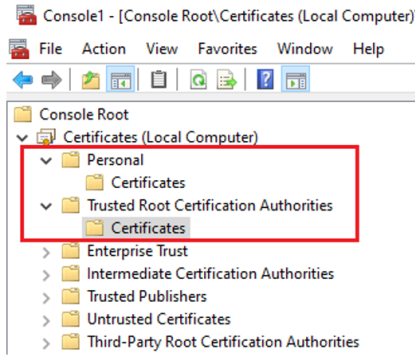 Captura de tela que mostra o certificado instalado no armazenamento de Autoridades de Certificação Confiáveis e Pessoais.