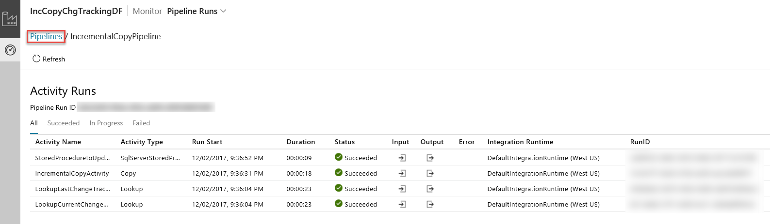 A captura de tela mostra execuções de pipeline para um data factory com vários marcados como bem-sucedidos.