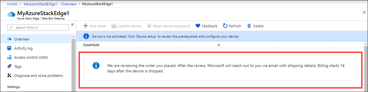 Notificação para revisão do pedido da FPGA do Azure Stack Edge Pro