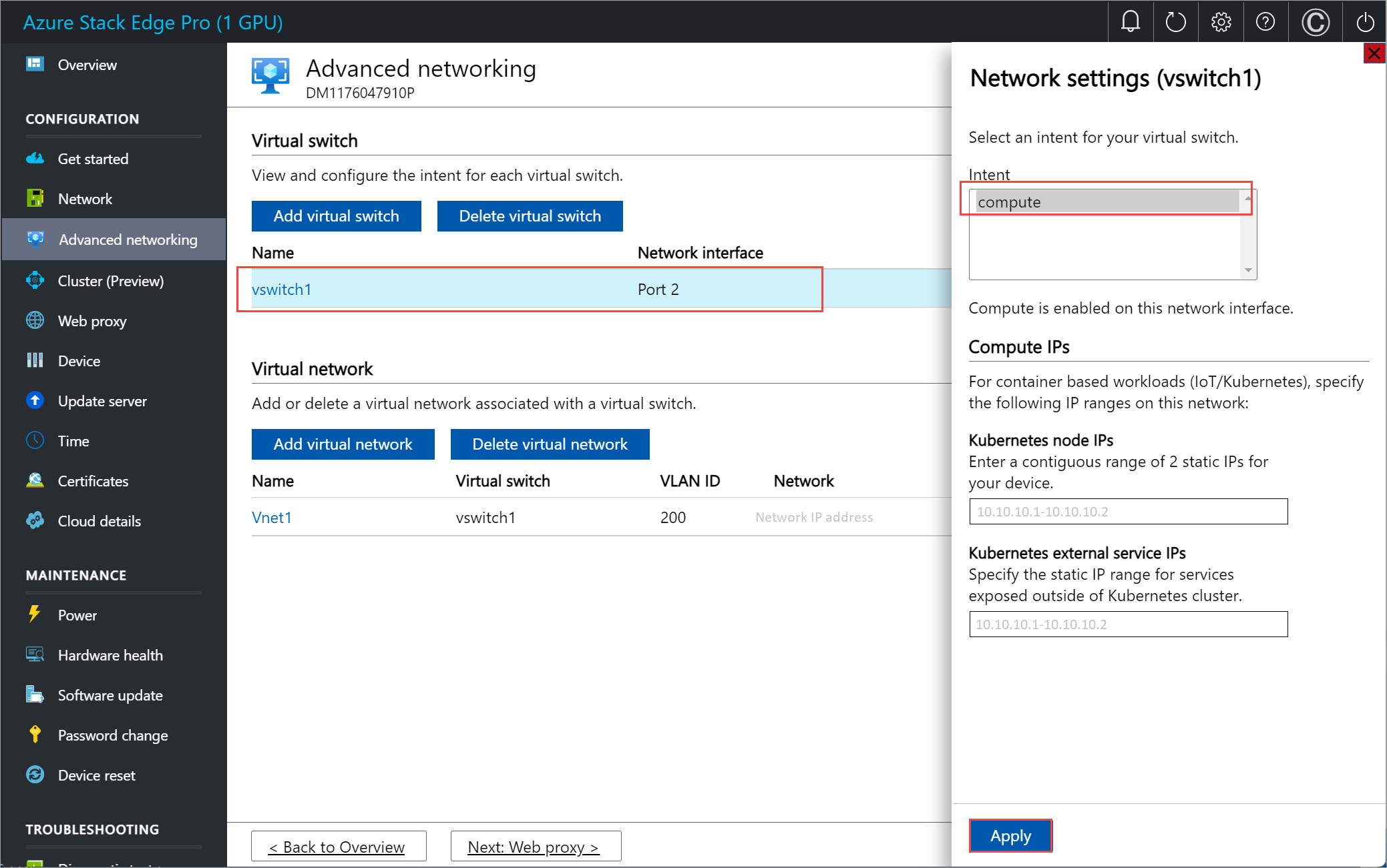 Captura de tela do painel Rede avançada para um dispositivo do Azure Stack Edge. As configurações de rede da Porta 2 estão realçadas.