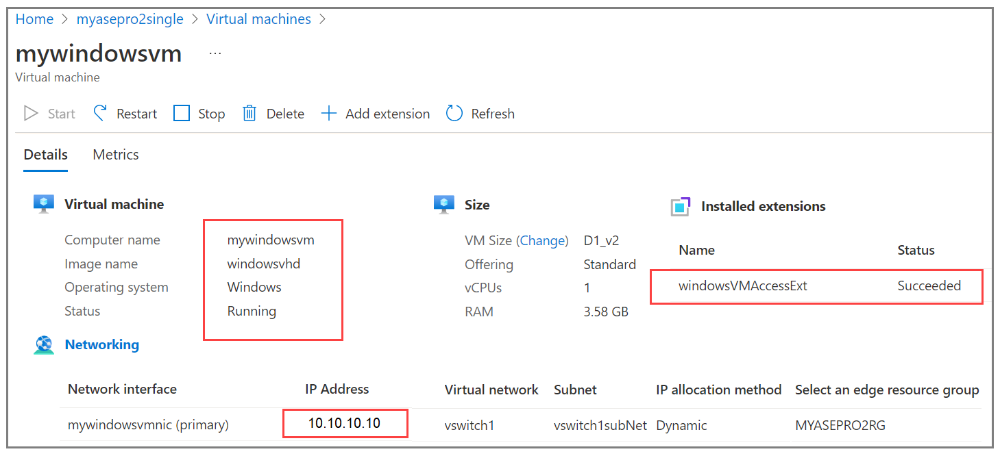 Captura de tela do painel de detalhes da VM com chamadas para o adaptador de rede e extensões instaladas no Windows.