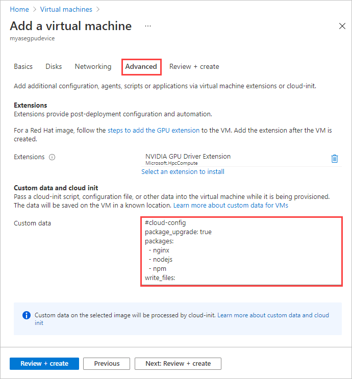 Captura de tela que mostra a guia Avançado do assistente Criar uma nova máquina virtual, com um script de inicialização de nuvem na caixa Dados personalizados realçado.