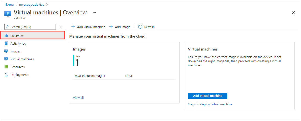 Captura de tela do painel de Visão Geral em Vista de Máquinas Virtuais para um dispositivo Azure Stack Edge. O botão Habilitar, para habilitar o gerenciamento de nuvens VM, é destacado.