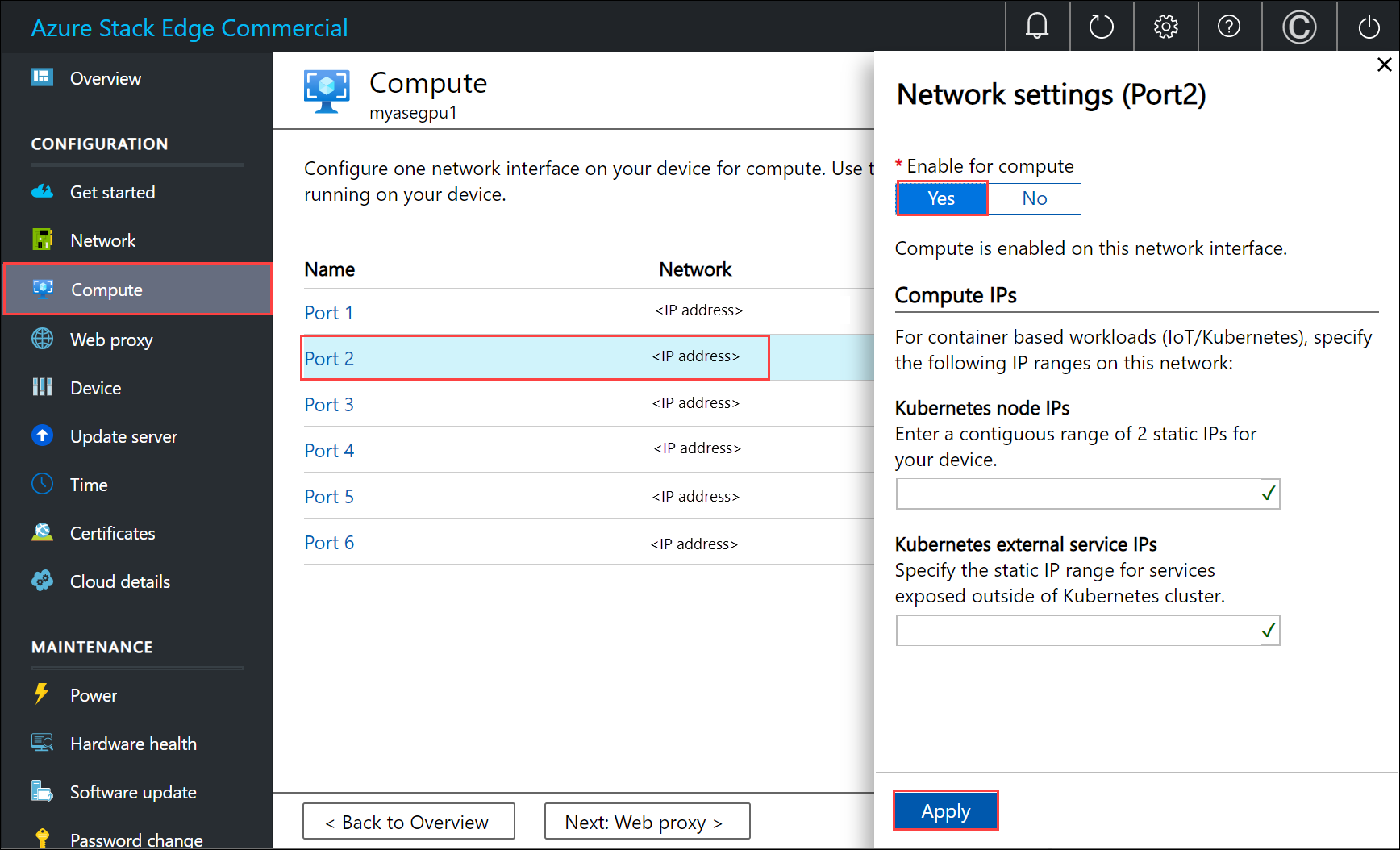 Captura de tela do painel de definições da rede de configuração de computação.