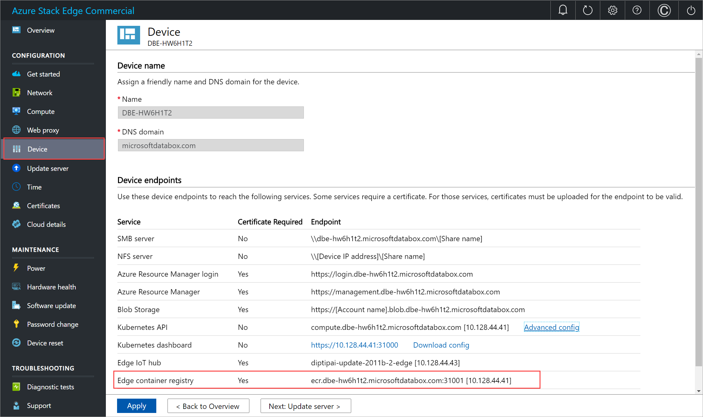 Ponto de extremidade do registro de contêiner do Edge na página Dispositivo