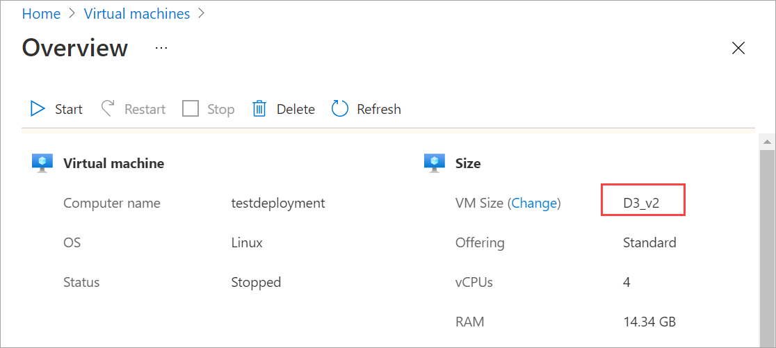 Captura de tela da página de visão geral de uma VM. O valor do tamanho da VM para a VM redimensionada está realçado.