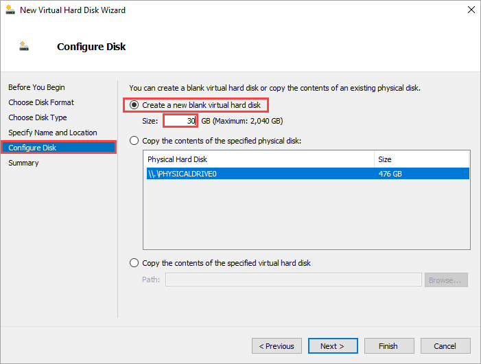 Configurações para criar um disco rígido virtual em branco e especificar o tamanho