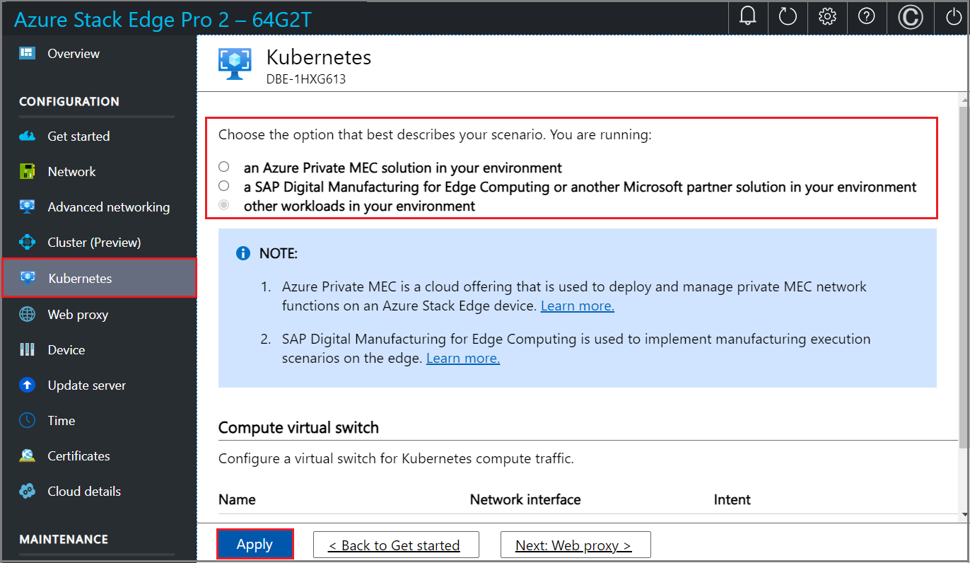 Captura de tela das opções de seleção de carga de trabalho na página Kubernetes da IU local para dois nós.