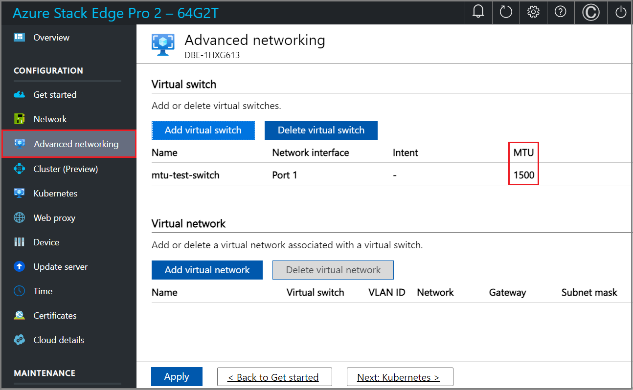 Captura de tela da configuração de MTU em Rede avançada na IU local.