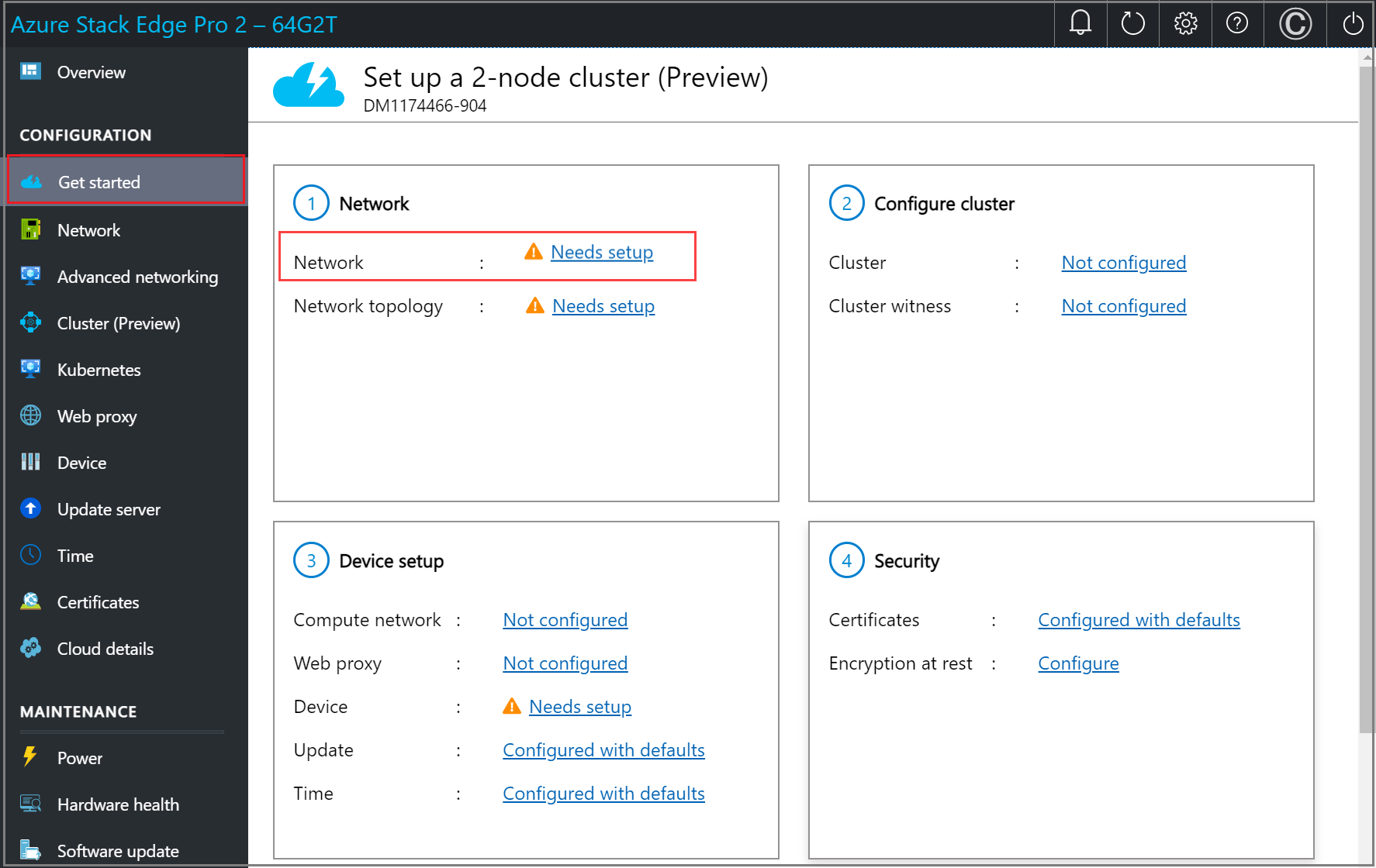 Captura de tela da página Introdução na IU da Web local de um dispositivo do Azure Stack Edge. Precisa de configuração está destacado no bloco Rede.