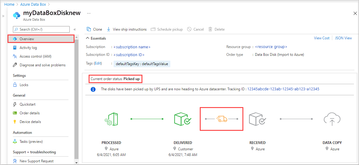 Captura de tela do painel Visão geral de uma ordem de importação do Data Box Disk no estado Selecionado. A opção Visão geral e o status do pedido escolhido estão com realce.