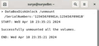 Captura de tela de resultados de exemplo indicando a desmontagem bem-sucedida do Data Box Disk.