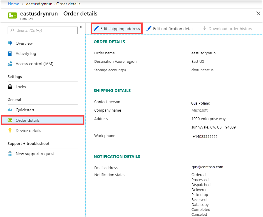 Comando Editar endereço para entrega em Detalhes do pedido