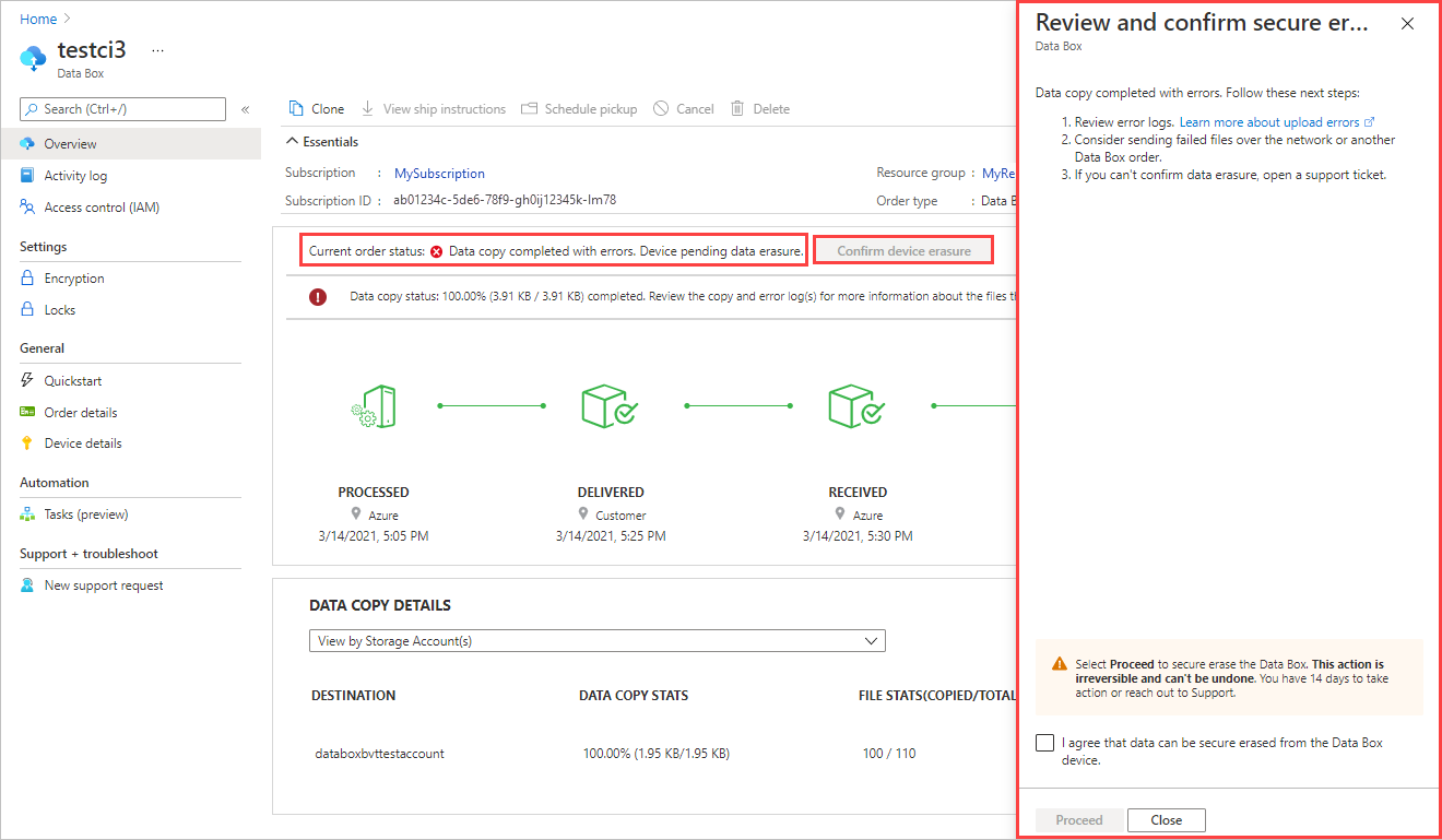 Captura de tela de um pedido do Data Box com erros de upload com nova tentativa. DIGA O QUE ESTÁ REALÇADO.