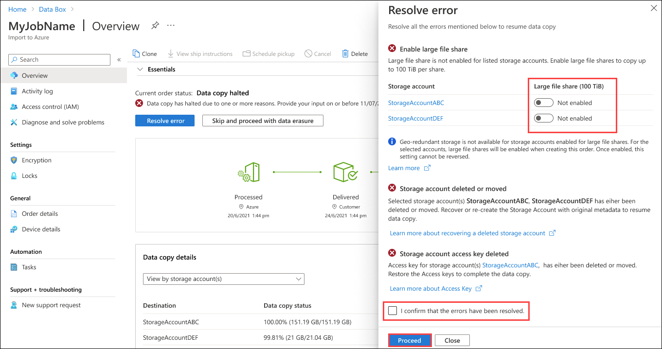 Captura de tela do painel Resolver Erros para vários erros de nova tentativa de um upload do Data Box. Os botões Não habilitado, Solicitar confirmação e Continuar estão realçados.