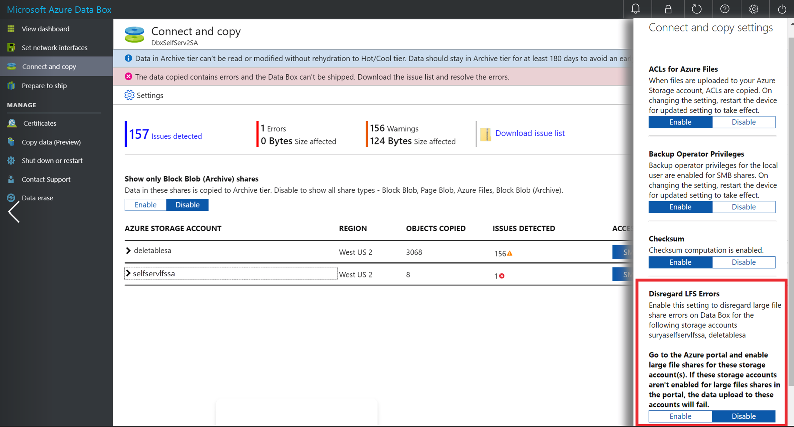 Configurações de conexão e cópia