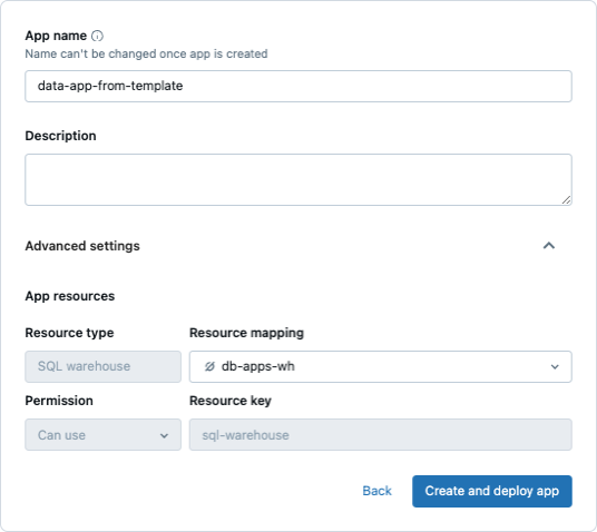 Exibir a página para nomear um aplicativo do Databricks e adicionar recursos