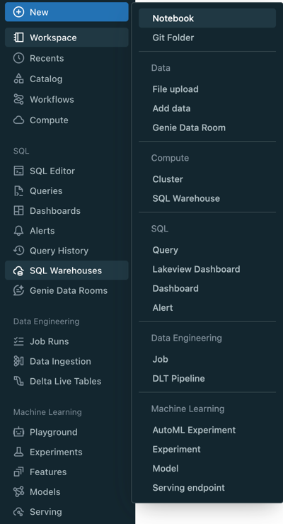 Novo menu de criação de navegação