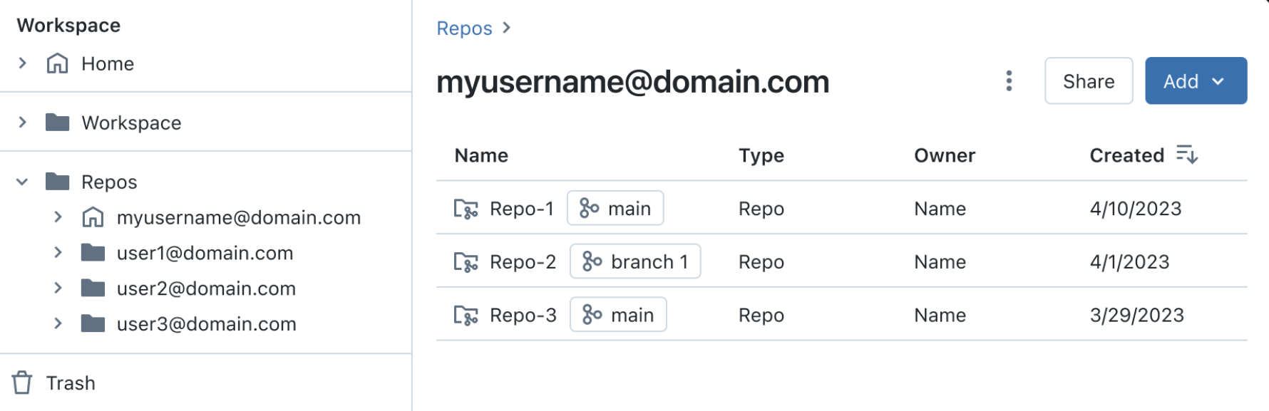 Navegador de arquivos unificado com objetos do workspace e conteúdo de pastas Git