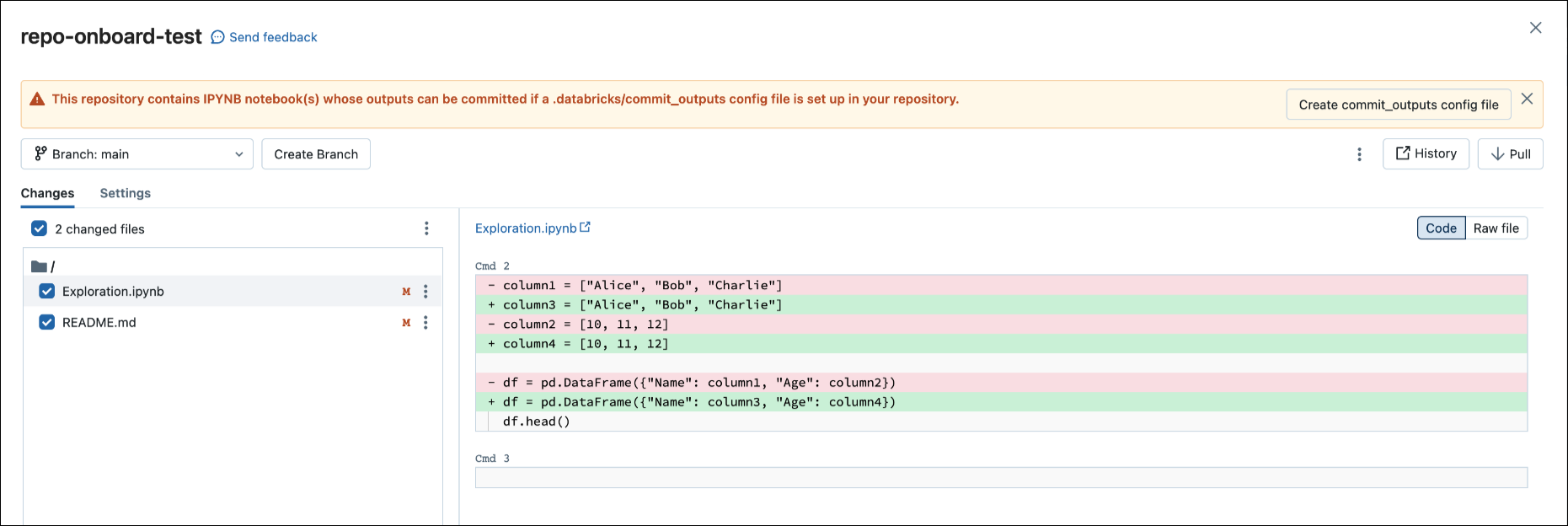 Interface de usuário de commit do notebook: botão Criar arquivo commit_outputs.