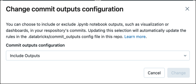 Caixa de diálogo de commit de saídas de notebooks.