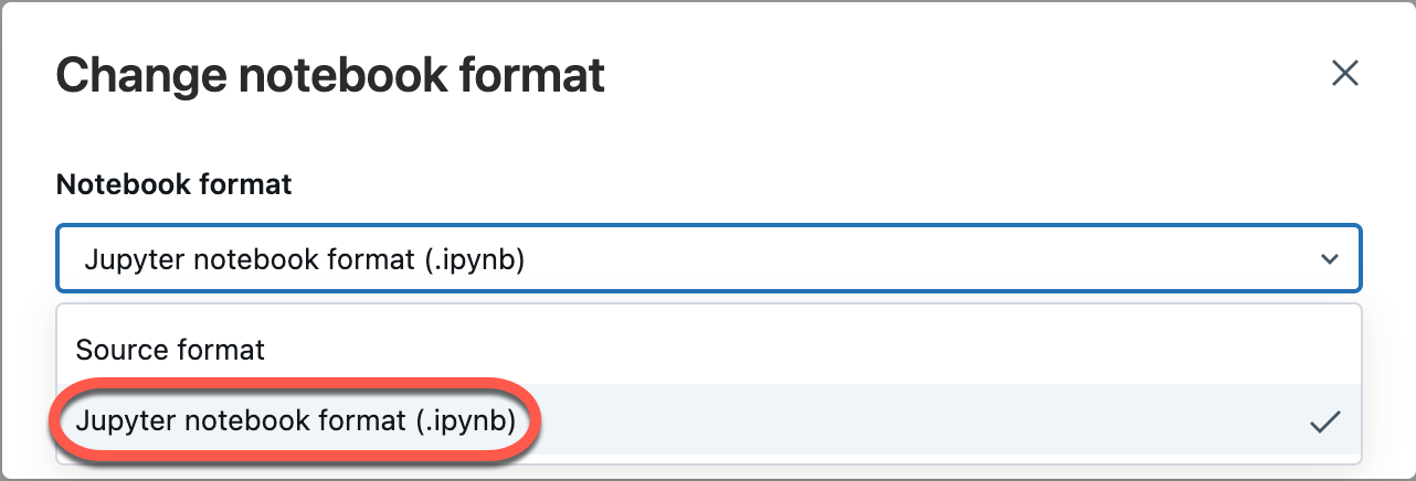 A caixa de diálogo modal na qual você pode selecionar o formato do notebook IPYNB.