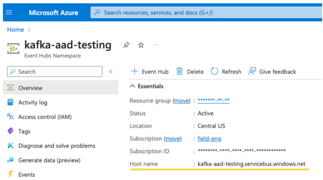 Namespace do Hubs de Eventos