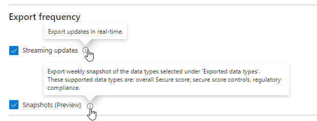 Captura de tela que mostra as opções de frequência de exportação para seleção para exportação contínua na pasta de trabalho Secure Score Over Time.