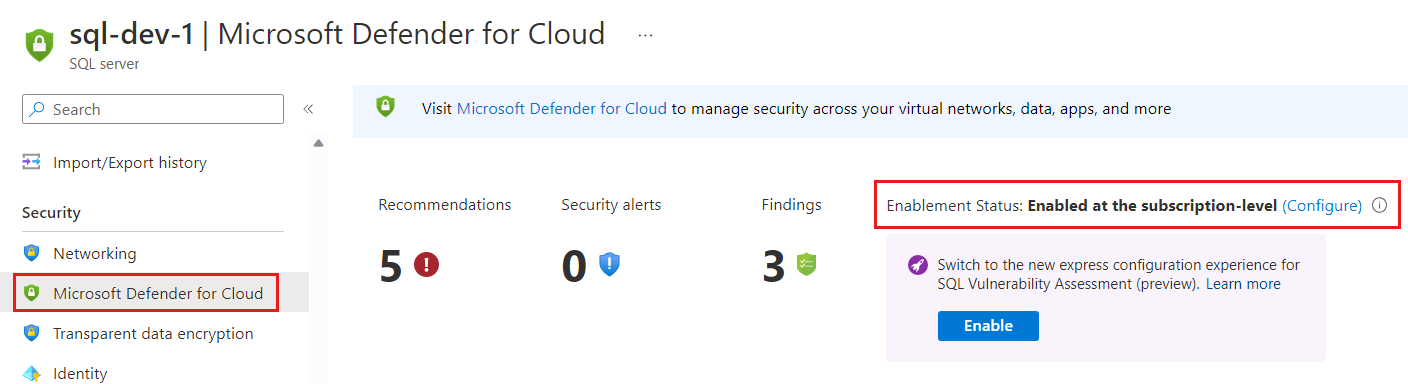 Captura de tela da configuração do Defender para SQL.