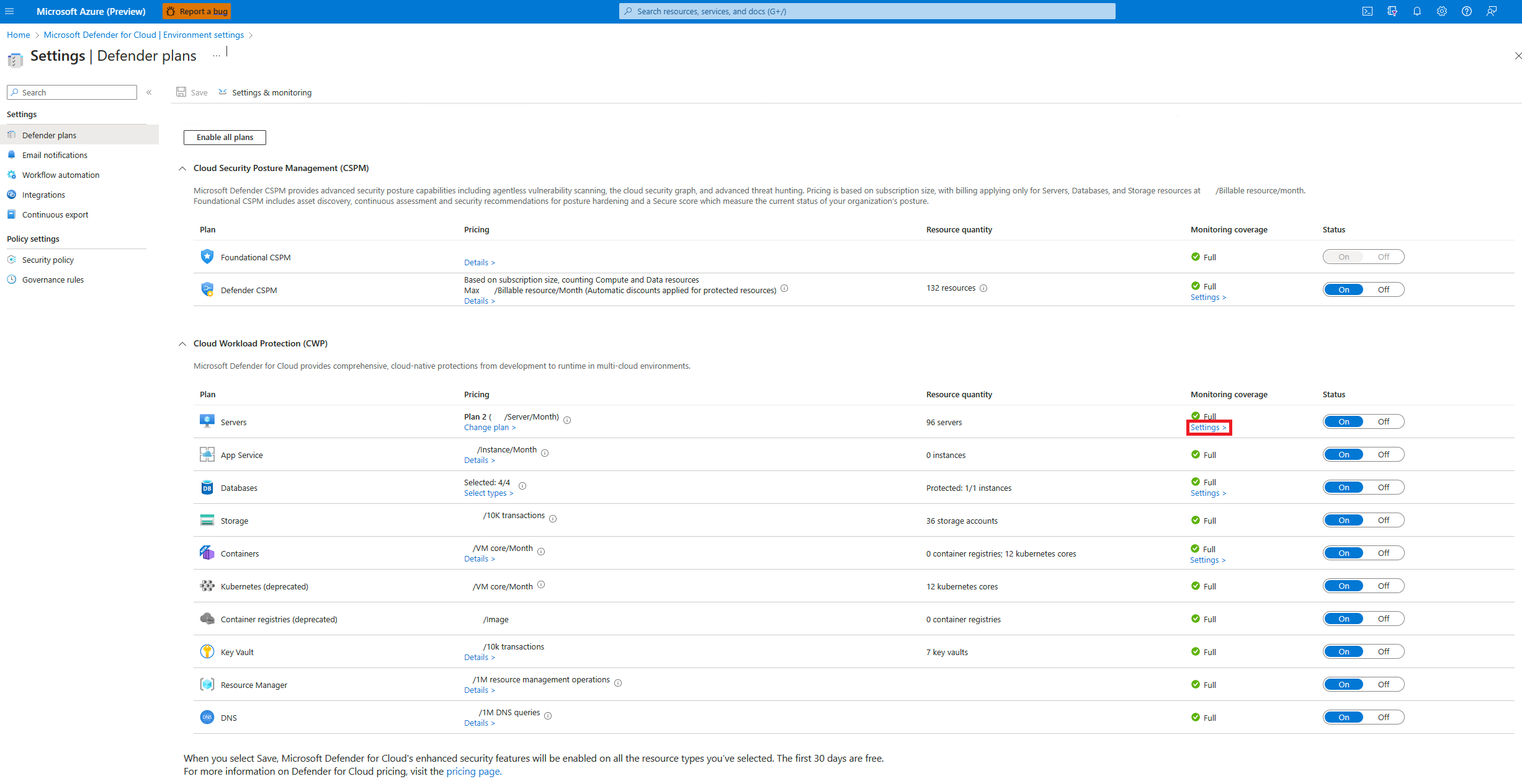 Captura de tela mostrando a seleção de configurações do plano de serviço do servidor.