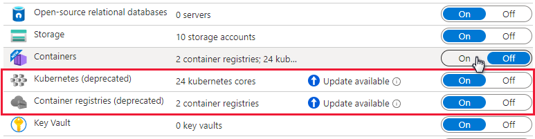 Registros do Defender para contêiner e planos do Defender para Kubernetes mostrando “Preterido” e informações de atualização.