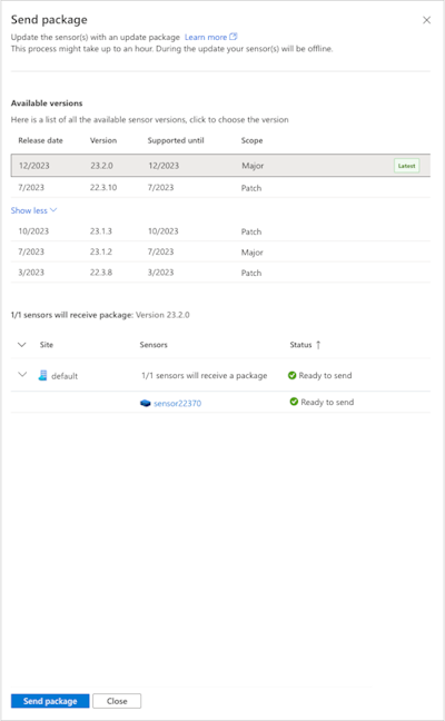 Captura de tela do painel de atualização do sensor com a opção para escolher a versão de atualização do sensor.