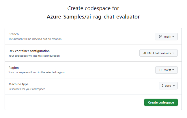 Captura de tela da tela de confirmação antes de criar um novo codespace.