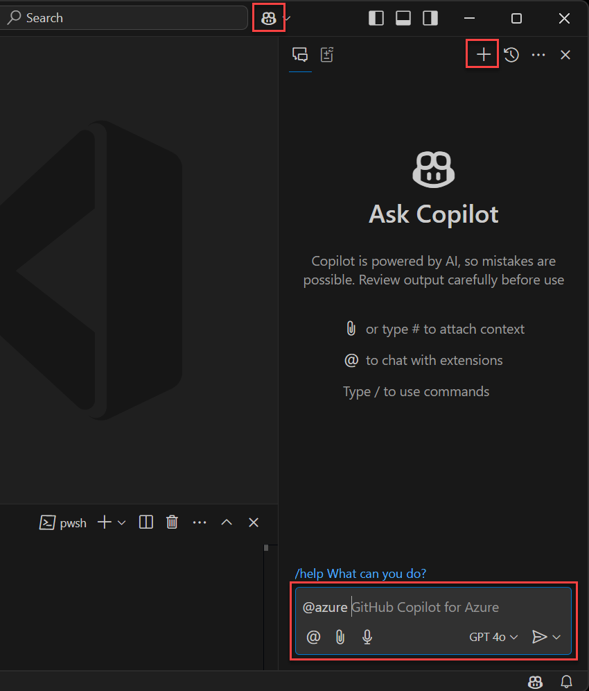 Captura de tela que mostra o painel de chat do GitHub Copilot.