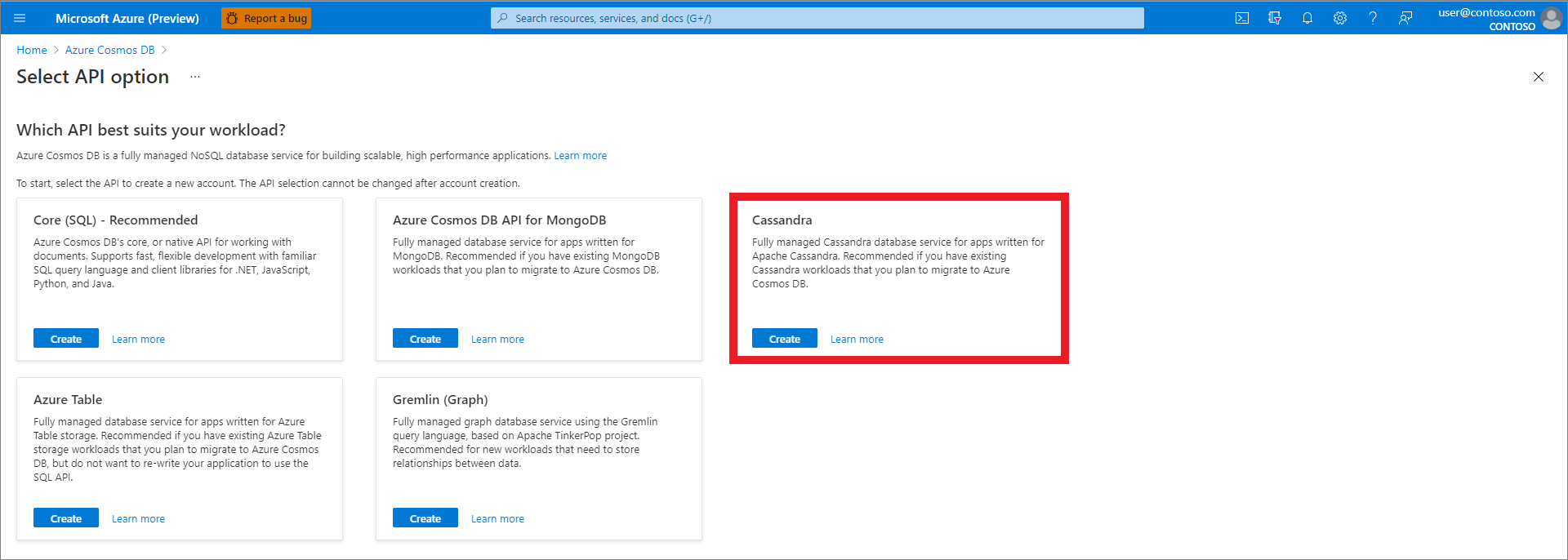 Portal do Azure, criar um recurso e selecionar uma opção API com o Cassandra selecionado.