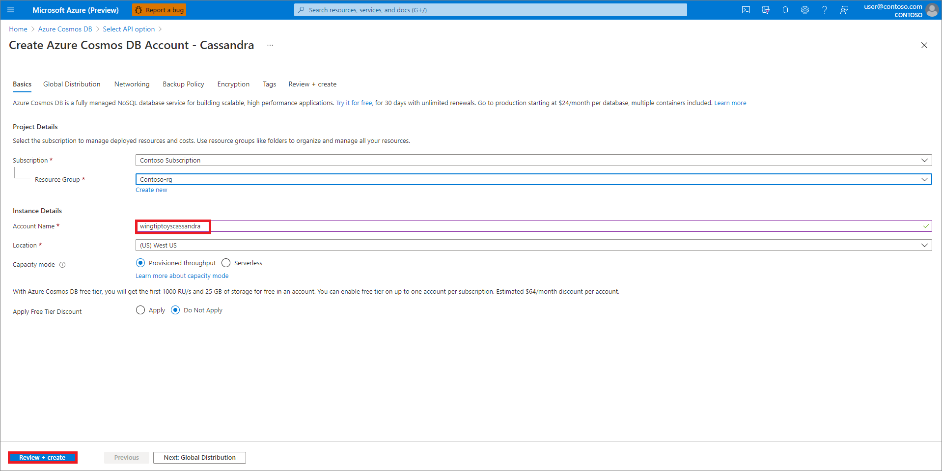 Especifique suas configurações de conta do Azure Cosmos DB.