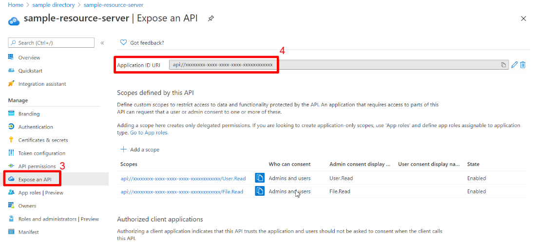 Captura de tela do portal do Azure mostrando o aplicativo Web Expor uma página de API com o URI da ID do Aplicativo realçado.