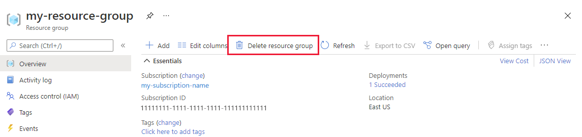 Captura de tela parcial do portal do Azure selecionando 'Excluir grupo de recursos' na página Grupo de recursos.