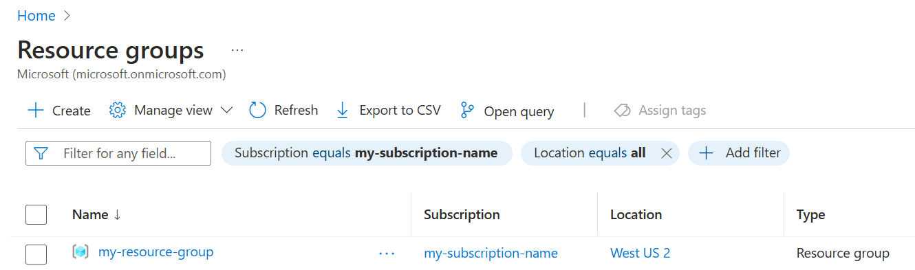 Captura de tela parcial do portal do Azure selecionando o grupo de recursos na lista de grupos de recursos.