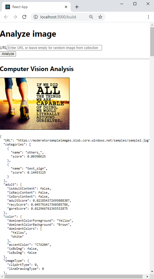 Captura de tela dos resultados de exemplo da Pesquisa Visual Computacional do Serviço Cognitivo React.